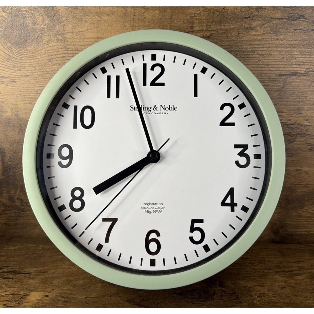 Sterling & Noble Wall Clock Sage Green Vintage Style Analog 9 In Mfg No 9 Works